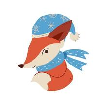 Cute vector little fox in a hat and scarf. Flat character on white background