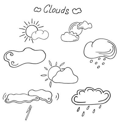 set with the image of clouds in the style of doodle