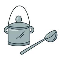 Saucepan with ladle doodle style vector illustration