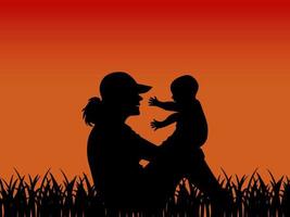 Woman with child on sunset background silhouette vector