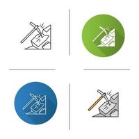 Pickaxe breaking mountain icon. Mining. Navvy pick. Flat design, linear and color styles. Isolated vector illustrations