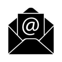 E-mail address glyph icon. Envelope with arroba sign. Silhouette symbol. Negative space. Vector isolated illustration