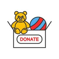 juguetes donando icono de color. caridad para los niños. caja de donación con oso de peluche y pelota. ilustración vectorial aislada vector