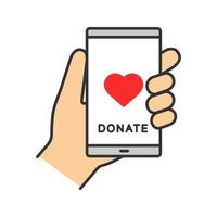 icono de color de la aplicación de donación de teléfonos inteligentes. caridad digital. recaudación de fondos en línea. hacer donación usando teléfono móvil. ilustración vectorial aislada vector