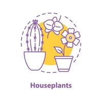 Houseplants concept icon. Flowers idea thin line illustration. Orchid, cactus and hibiscus in flower pots. Vector isolated outline drawing
