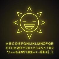 Laughing sun smile neon light icon. Summertime. Happy sun face with broad smile and closed eyes. Glowing sign with alphabet, numbers and symbols. Vector isolated illustration