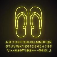 Flip flops neon light icon. Summer slippers. Glowing sign with alphabet, numbers and symbols. Vector isolated illustration