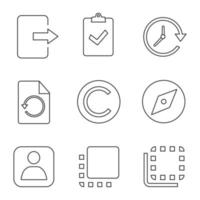 UI UX linear icons set. Exit, assignment returned in, update, restore, copyright, explore tool, userpic, flip to front, flip to back. Thin line contour symbols. Isolated vector outline illustrations