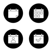 UI UX glyph icons set. Calendars. Appointment, complete day, today, date range. Vector white silhouettes illustrations in black circles