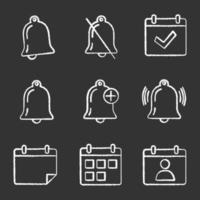 UI UX chalk icons set. Notifications modes, complete day, alarm, reminder, calendar, date range, contact. Isolated vector chalkboard illustrations