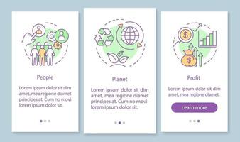 plantilla de pantalla de página de aplicación móvil de incorporación de gestión de recursos. pasos del sitio web del tutorial de personas, planeta y ganancias. triple resultado. tbl. concepción empresarial. interfaz de teléfono inteligente ux, ui, gui vector