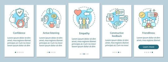 Communication skills onboarding mobile app page screen vector template. Personal qualities. Listening, friendliness, empathy walkthrough website steps. UX, UI, GUI smartphone interface concept