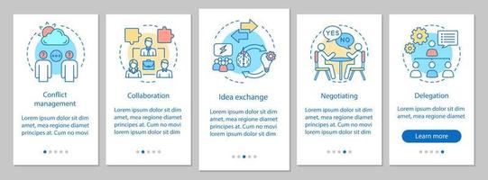 Management skills and qualities onboarding mobile app page screen vector template. Employment walkthrough website steps with linear illustrations. Negotiating. UX, UI, GUI smartphone interface concept