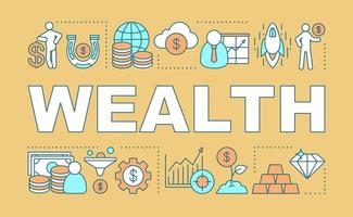 Wealth word concepts banner. Making money. Profit growth. Business development. Payroll giving. Banking. Isolated lettering typography idea with linear icons. Vector outline illustration