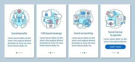 plantilla de vector de pantalla de página de aplicación móvil de incorporación de csr. Pasos del sitio web del tutorial de responsabilidad social corporativa. prestaciones sociales, contabilidad, licencia. concepto de interfaz de teléfono inteligente ux, ui, gui