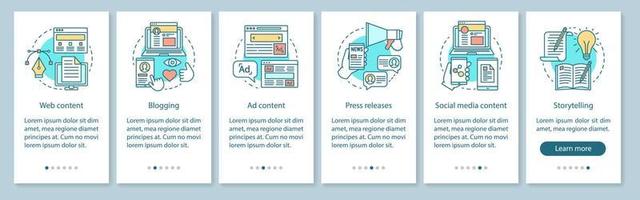 Blogging business onboarding mobile app page screen vector template. SMM courses. Walkthrough website steps. Promotion strategy. Social media content plan. UX, UI, GUI smartphone interface concept