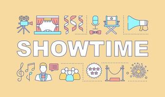 Showtime word concepts banner. Event meeting in theatre. Concert show. Cinema audience. Presentation, website. Isolated lettering typography idea with linear icons. Vector outline illustration