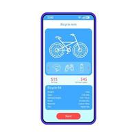 plantilla de vector de interfaz de teléfono inteligente de aplicación de alquiler de transporte. diseño de diseño azul de la página de la aplicación móvil. pantalla de anuncios en línea de alquiler de bicicletas. interfaz de usuario plana bicicleta, descripción de las opciones de marcha en la pantalla del teléfono