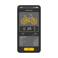 Transport rental app smartphone interface vector template. Mobile application page black design layout. Bicycle rent online advert screen. Flat UI. Bike, gear options ad description on phone display..