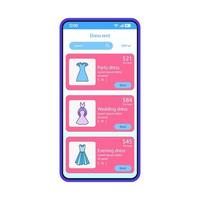 Clothes rental app smartphone interface vector template. Mobile shopping application page blue design layout. Party, wedding, evening dresses rent screen. Flat UI. Outfit online ads list phone display