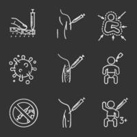 Vaccination and immunization chalk icons set. Subcutaneous injection, vaccination to kids and adults, influenza virus, vaccine allergy, drugs prohibition. Isolated vector chalkboard illustrations