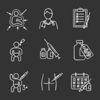 Vaccination and immunization chalk icons set. Kid's immune system, nurse, vaccination list, calendar, vaccine price, syringe, vials, intramuscular injection. Isolated vector chalkboard illustrations