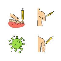 Conjunto de iconos de colores de vacunación e inmunización. inyección subcutánea, vacuna contra la gripe, virus de la influenza, alergia a la vacuna. ilustraciones vectoriales aisladas vector