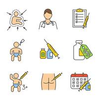 Vaccination and immunization color icons set. Kid's immune system, nurse, vaccination list and calendar, vaccine price, syringe and vials, intramuscular injection. Isolated vector illustrations