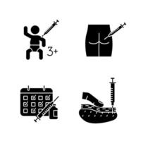 Vaccination and immunization glyph icons set. Silhouette symbols. Intramuscular, subcutaneous, kid's arm injection, vaccination calendar. Injecting in skin, buttock. Vector isolated illustration