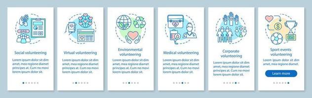 Volunteering types onboarding mobile app page screen vector template. Volunteer opportunities walkthrough website steps with linear illustrations. UX, UI, GUI smartphone interface concept