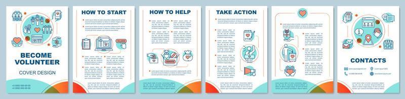 Volunteer becoming brochure template layout. Humanitarian help. Flyer, booklet, leaflet print design with linear illustrations. Vector page layouts for magazines, annual reports, advertising posters