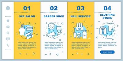 Beauty services onboarding mobile app page screen vector template. Spa salon, barber shop, clothing store walkthrough website steps with linear illustrations. UX, UI, GUI smartphone interface concept