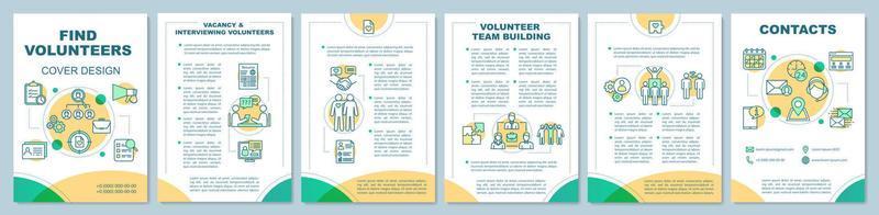Volunteers finding brochure template layout. Volunteering team. Flyer, booklet, leaflet print design with linear illustrations. Vector page layouts for magazines, annual reports, advertising posters