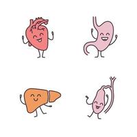 conjunto de iconos de color de personajes de órganos internos humanos sonrientes. corazón feliz, estómago, hígado, vesícula biliar. sistemas cardiovasculares y digestivos saludables. ilustraciones de vectores aislados