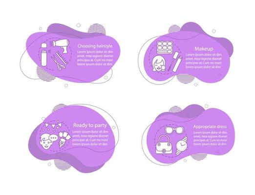Party style concept illustrations. Beauty salon infographic template. Fluid elements with text and linear icons. Hairstyle, makeup, clothes wavy bubbles steps. Presentation, banner, report cliparts