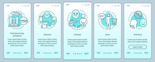 Indigestion symptom onboarding mobile app page screen template. Foodborne illness. Food poisoning. Diarrhea, cramps, fever, vomiting. Walkthrough website step. UX, UI, GUI smartphone interface concept vector