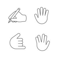 Hand gesture emojis linear icons set. Thin line contour symbols. Writing hand, vulcan salute, high five, shaka, call me gesturing. Isolated vector outline illustrations. Editable stroke