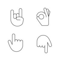 Hand gesture emojis linear icons set. Thin line contour symbols. Rock, heavy metal, OK, approval gesturing. Backhand index pointing up and down. Isolated vector outline illustrations. Editable stroke