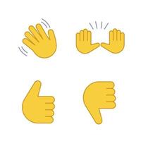 conjunto de iconos de color de emojis de gesto de mano. hola, adiós, parada, buen trabajo, gestos de desaprobación. agitando y levantando las manos, los pulgares hacia arriba y hacia abajo. ilustraciones de vectores aislados