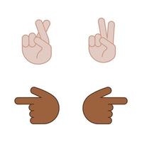 Hand gesture emojis color icons set. Luck, lie, victory, peace gesturing. Backhand index pointing left and right. Isolated vector illustrations