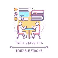 Training programs concept icon. Education idea thin line illustration. E-learning, virtual library. Webinar communication. University course book. Vector isolated outline drawing. Editable stroke