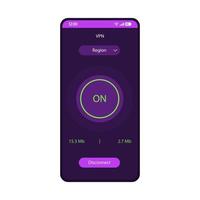 VPN app smartphone interface vector template. Mobile proxy server page purple design layout. Virtual Private Network client application screen. Flat UI. On, region, disconnect buttons on phone display