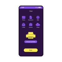 Printing app smartphone interface vector template. Making copies mobile plugin page purple design layout. Choose printer button on phone screen. Flat UI. Printables application features on display