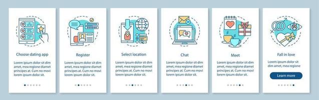 Online dating app onboarding mobile page screen vector template. Choose, register, select location, chat, meet, fall in love steps with linear illustrations. UX, UI, GUI smartphone interface concept