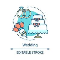 Wedding planning concept icon. Marriage idea thin line illustration. Get married. Engagement rings, holiday cake, flower bouquet. Wedding accessories. Vector isolated outline drawing. Editable stroke