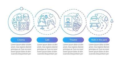 plantilla de infografía vectorial de primera fecha. cine, teatro, cafetería, parque a pie. relación romántica. visualización de datos con pasos y opciones. gráfico de línea de tiempo del proceso. diseño de flujo de trabajo con iconos lineales vector