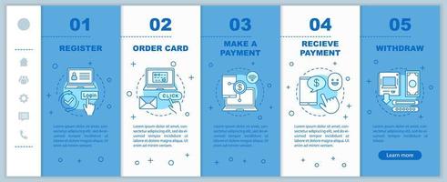 Payment system onboarding mobile web pages vector template. Money transfer. Responsive smartphone website interface idea with linear illustrations. Banking. Webpage walkthrough step screens concept