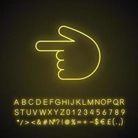 Backhand index pointing left neon light icon. Turn left finger pointer. Hand gesture emoji. Glowing sign with alphabet, numbers and symbols. Vector isolated illustration