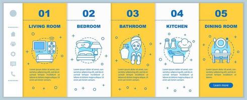 plantilla de vector de páginas web móviles de incorporación de vida doméstica. interfaz de sitio web de teléfono inteligente con capacidad de respuesta con ilustraciones lineales. pantallas de paso del tutorial de la página web de las habitaciones de la casa o apartamento. concepto de color