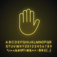 Raised hand neon light icon. High five emoji. Stop hand gesture. Palm. Glowing sign with alphabet, numbers and symbols. Vector isolated illustration